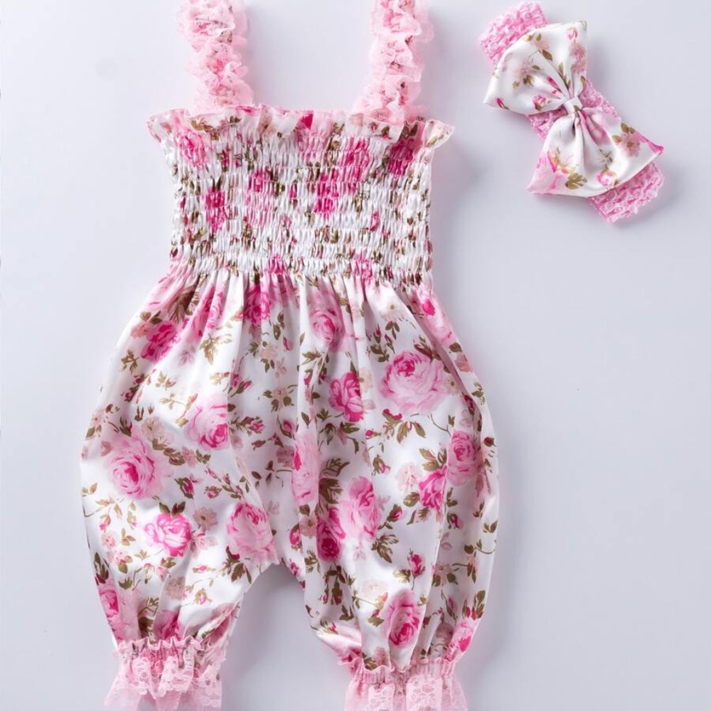 Pink Floral Baby Romper w/ matching headband